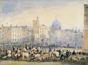 Utsikt over Smithfield Market med figurer og dyr, City of London, 1824.