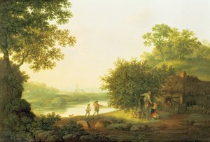Epleplukkere, ved en hytte i et skogslandskap med Chichester Beyond av George Smith