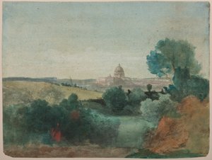 Saint Peters sett fra Campagna, ca. 1850 (wc over blyant på papir) av George Snr. Inness