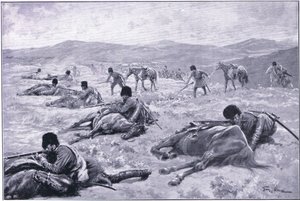 En kosakk og hesten hans: en enhet for å sikre dekning under en trefning, illustrasjon fra Cassells History of the Russo-Japanese War Vol 1, ca. 1900 av George Soper