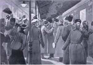 Tsaren tar farvel med offiserer fra den keiserlige garde, illustrasjon fra Cassells History of the Russo-Japanese War Vol 1, ca. 1900 av George Soper
