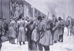 Russiske troppers avgang til Fjernøsten, illustrasjon fra Cassells History of the Russo-Japanese War Vol 1, ca. 1900 av George Soper