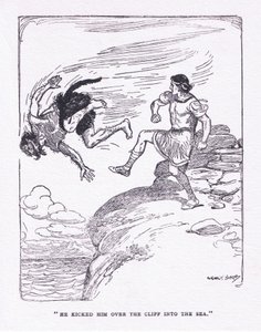 Han sparket ham over klippen i havet, fra The Heroes utgitt av George Allen og Unwin 1929 (farge litho) av George Soper