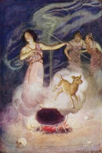 Jason og argonautene: "Hun hvisket de magiske trolldommene sine over ham, og han sprang ut igjen et ungt lam" (farge litho) av George Soper