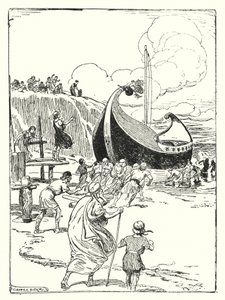 Jason og Argonautene: "Det gode skipet Argo sprang opp fra sanden på rullene og stupte videre som en galant hest" (litho) av George Soper