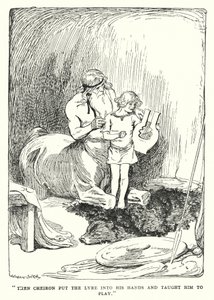 Jason og argonautene: "Så la Cheiron lyren i hendene hans og lærte ham å spille" (litho) av George Soper