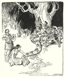 Jason og argonautene: "Så sprang Jason forsiktig ut og rev fleeceen fra trestammen" (litho) av George Soper