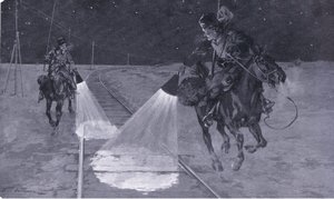 På en Manchurian railway: Nattpatrulje, illustrasjon fra Cassells History of the Russo-Japanese War Vol 1, ca. 1900 av George Soper