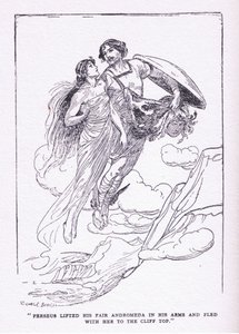 Perseus løftet sin vakre Andromeda i armene og flyktet med henne til klippetoppene, fra Heltene utgitt av George Allen og Unwin 1929 av George Soper