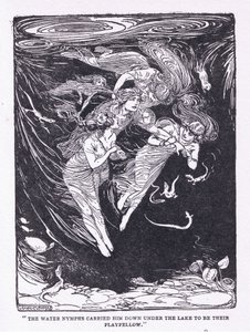 Vannymfene bar ham nedover innsjøen til lekekameraten deres, fra The Heroes utgitt av George Allen og Unwin 1929 (litho) av George Soper