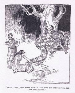 Så sprang Jason trett frem, og rev fleeceen av trestammen, fra The Heroes utgitt av George Allen og Unwin 1929 (litho) av George Soper