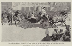 Ankomst av den nye guvernøren i New South Wales til Sydney, Lord Beauchamps vogn passerer Custom House, Circular Quay av George Washington Lambert