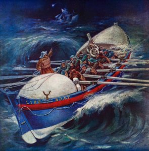 Redningsbåt forsøker en redning (farge litho)