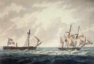 Hans Majestets slup, Bonne Citoyenne, tar den franske fregatten, La Furieuse, på slep etter handlingen 6. juli 1809, gravert av R und D Havell, utgitt av Robert Cribb i 1810