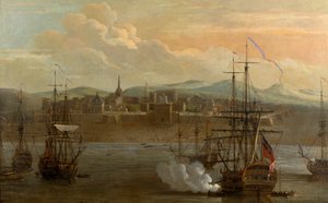 Et maleri av Fort St George i Madras, India. I 1731. Militærfort, og havn med skip. Skipets kanon blir avfyrt. Røyk. Slag. av George and Scott Samuel (1710 72) Lambert