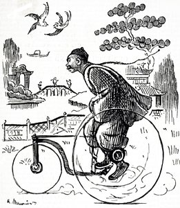 En tegneserie som viser en kinesisk mann som sykler på en trehjulssykkel gjennom en park i Kina. Illustrert George du Maurier (1834-1896), en fransk-britisk tegneserieskaper og forfatter