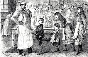 En tegneserie som viser en kokk som tar bestillinger fra barna i huset. Illustrert av George du Maurier (1834-1896), en fransk-britisk tegneserieskaper og forfatter av George du Maurier