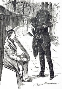 En tegneserie som viser en skorsteinsfeier som bærer børstene hans gjennom Londons gater. Illustrert av George du Maurier (1834-1896), en fransk-britisk tegneserieskaper og forfatter av George du Maurier