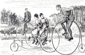 En tegneserie som viser en gruppe unge mennesker som sykler på trehjulssykkel. Illustrert George du Maurier (1834-1896), en fransk-britisk tegneserieskaper og forfatter av George du Maurier