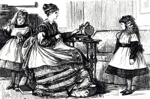 En tegneserie som viser en ung mor som bruker en symaskin. Illustrert av George du Maurier (1834-1896), en fransk-britisk tegneserieskaper og forfatter