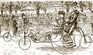 En gravering som viser passasjerer som sykler i sykkelvogner. Illustrert av George du Maurier (1834-1896), en fransk-britisk tegneserieskaper og forfatter