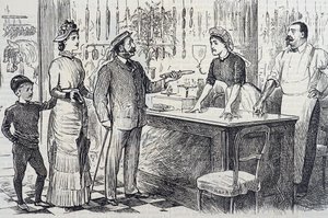 Tegneserie som kommenterer den gjennomsnittlige engelskmannens vaklende forståelse av det metriske systemet av George du Maurier