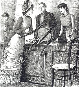 Tegneserie som kommenterer arbeidsforholdene til butikkmedarbeidere av George du Maurier