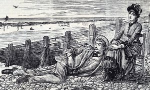 Tegneserie som viser et par som nyter bryllupsreisen på en rullesteinstrand av George du Maurier