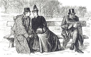 Tegneserie som viser et par som utveksler kjærlighet på parkbenken, mens mannen ved siden av ser på med misbilligelse av George du Maurier