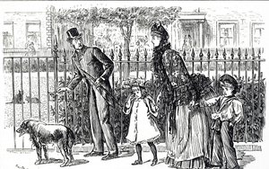 Tegneserie som viser en familie som går i gatene i det viktorianske London av George du Maurier