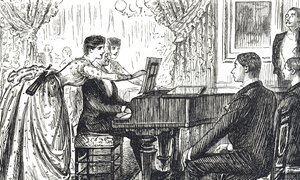 Tegneserie som viser en musikalsk kveld hjemme av George du Maurier