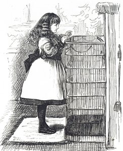 Tegneserie som viser en ung jente som står foran en stor brannvakt av George du Maurier