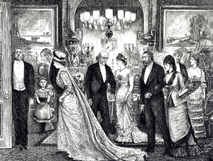 Tegneserie som viser en elegant soirée i et viktoriansk hjem av George du Maurier