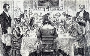 Tegneserie som viser en elegant soirée i et viktoriansk hjem av George du Maurier