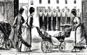 Tegneserie som viser barnepiker som triller vognene sine forbi brakkene av George du Maurier