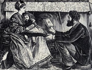 Tegneserie med tittelen "A Logical Refutation of Mr Darwin's Theory" - en far prøver å forklare Darwins teori til sin kone og datter av George du Maurier