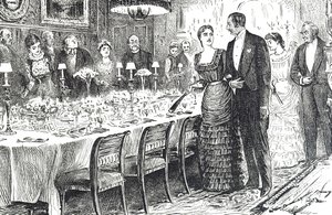 Tegneserie med tittelen "Going into Dinner" som viser et ungt par som kommer inn i en spisestue av George du Maurier