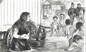 Tegneserie med tittelen 'beskjedenhet og plikt i komfort' som kommenterer de to forskjellige stilene til badende av George du Maurier