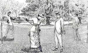 Gravering som viser en kvinnelig tennisspiller i ubehag på grunn av hennes nye gummisko av George du Maurier