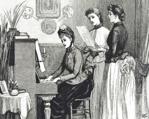 Gravering som viser unge damer som synger i salongen av George du Maurier