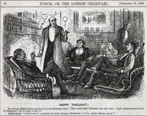 Herrer samlet seg i røykerommet og røykte sigarene sine etter middagen. George du Maurier tegneserie fra ''Punch'', London 1886. av George du Maurier