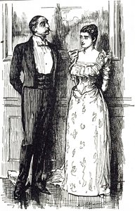 Georges du Maurier tegneserie som illustrerer en mann og kvinne i samtale ved et samfunnsarrangement, England 1891 av George du Maurier