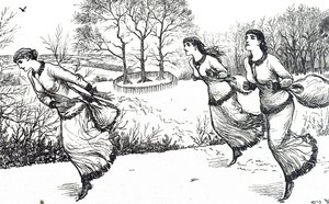 Illustrasjon som viser jenter som setter sporet for hare og hunder av George du Maurier