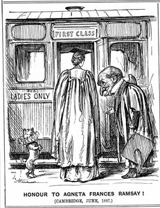 Mr Punch bøyer seg for Agneta Frances Ramsay som satt og bestod med førsteklasses utmerkelser, papirene satt, men kunne ikke motta en grad da Cambridge ikke ga dem til kvinner på dette tidspunktet. George du Maurier tegneserie fra Punch, London, 2. juli 18 av George du Maurier