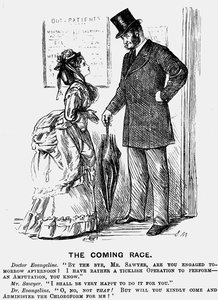 Det kommende løpet. Fremtidens kirurg. George du Maurier tegneserie fra Punch London 14. september 1872 som viser den nedlatende holdningen kvinner i det medisinske yrket kan forvente av mannlige kolleger. Gravering. av George du Maurier