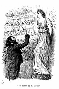 Trilby den tonedøve? som ikke kunne skille en C fra en F som holdt konsert under Svengalis hypnotiske påvirkning. Illustrasjon av George Du Maurier for sin roman Trilby, London av George du Maurier