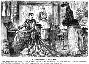 Universitetsutdanning for kvinner gjør samtalen forvirrende for sine mindre utdannede venner. George du Maurier tegneserie fra Punch London 7. desember 1889. Gravering av George du Maurier