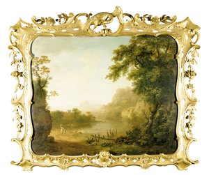 Et italiensk skogkledd elvelandskap med figurer i forgrunnen og en landsby utenfor, 1755