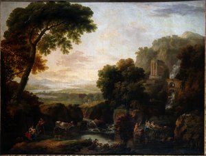 Italiensk landskap med en capriccio-utsikt over Tivoli, en gjeter og gjeterinne og storfe