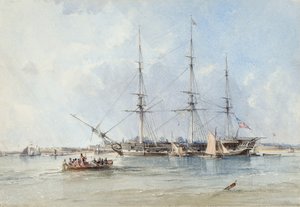 Blackwall-fregatten Seringapatam for anker utenfor Tilbury Fort av George the Elder Chambers